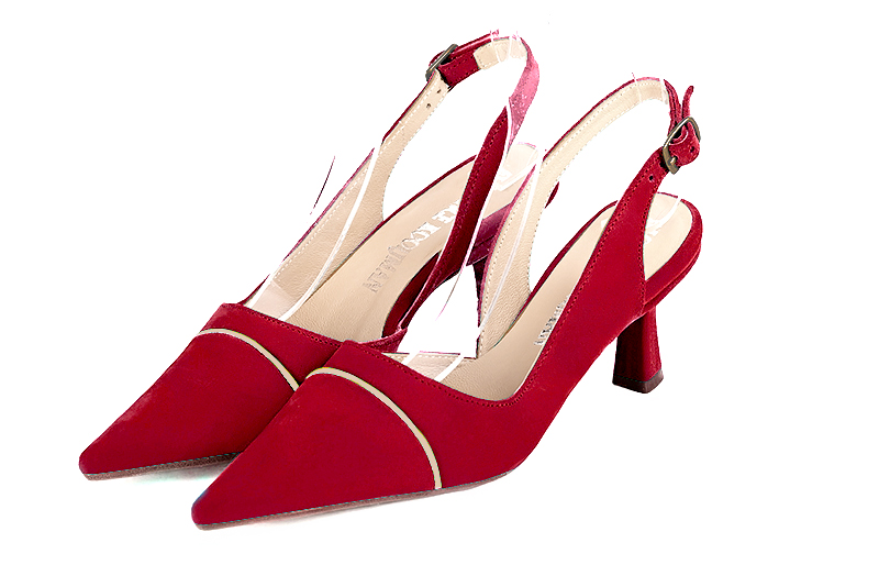 Cardinal red and gold women's slingback shoes. Pointed toe. Medium spool heels. Front view - Florence KOOIJMAN